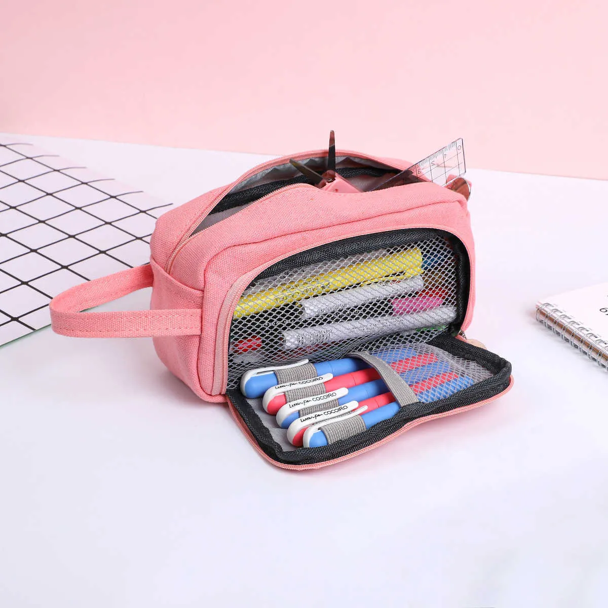 Leren speelgoed Nieuw kort raster Student Dubbellaags etui Schoolpenetui voor meisjes Jongens Briefpapier Grote canvas potloodtas Estojo