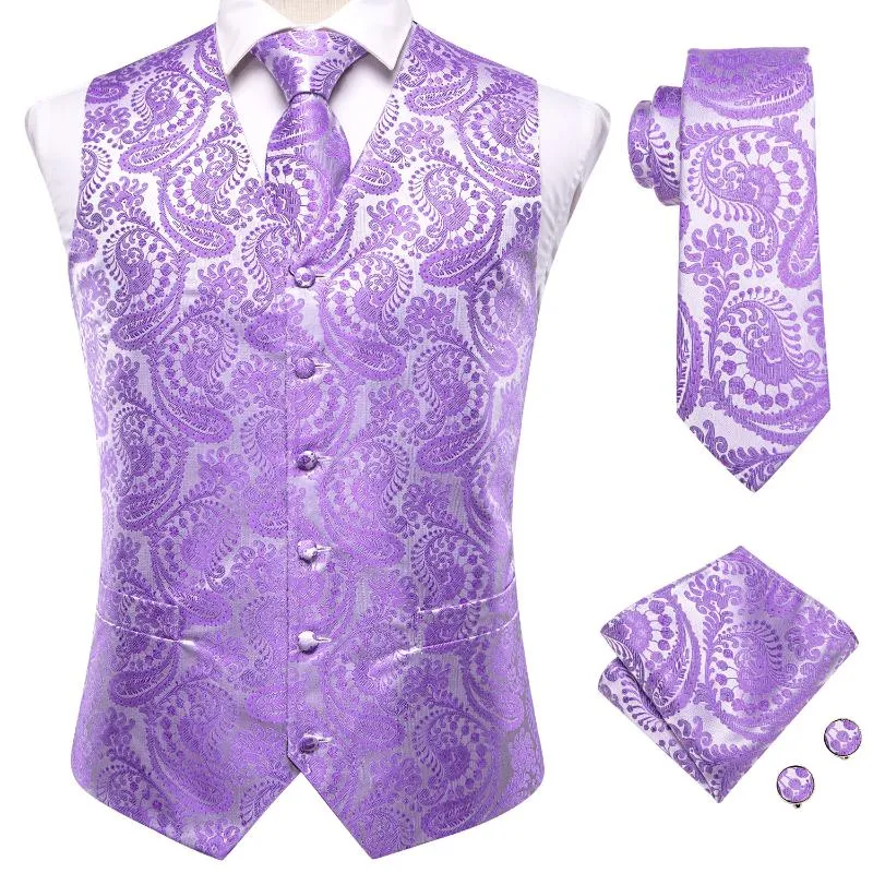Herrenwesten Lila Lavendel Lila Seide Herren Weste Krawatte Set Ärmellose Jacke Anzug Weste Krawatte Einstecktuch Manschette Hochzeit_voghion.com