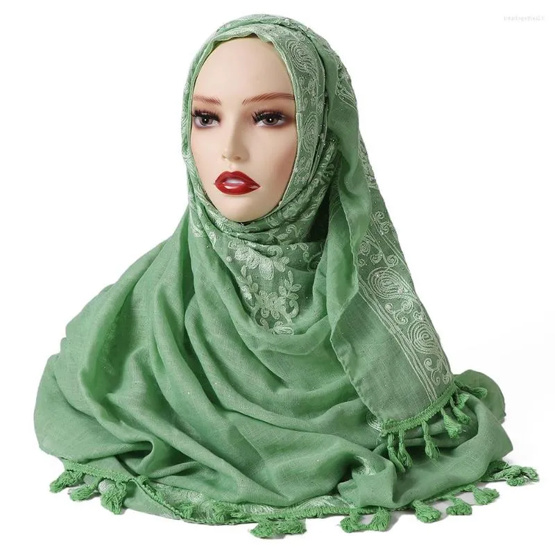 Etniska kläder islamiska broderade spetsar hijab med kristall muslimsk tofs halsduk lång bomull och linne sjal glitter shinny skimmer huvudduk