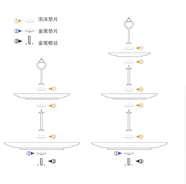 3層のケーキスタンドプレートハンドルフィッティングシルバーゴールドウェディングパーティークラウンロッド
