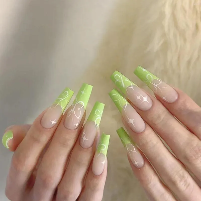 False unhas 24pcs Mustard verde prensa longa em fada Borboleta Borboleta Ballet Fake Nail vestível destacável Artificial francês destacável