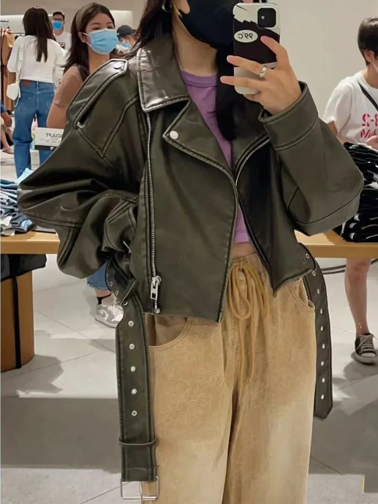 Womens Faux Leather Biker Jacket, Vintage Moto Short PU Coat