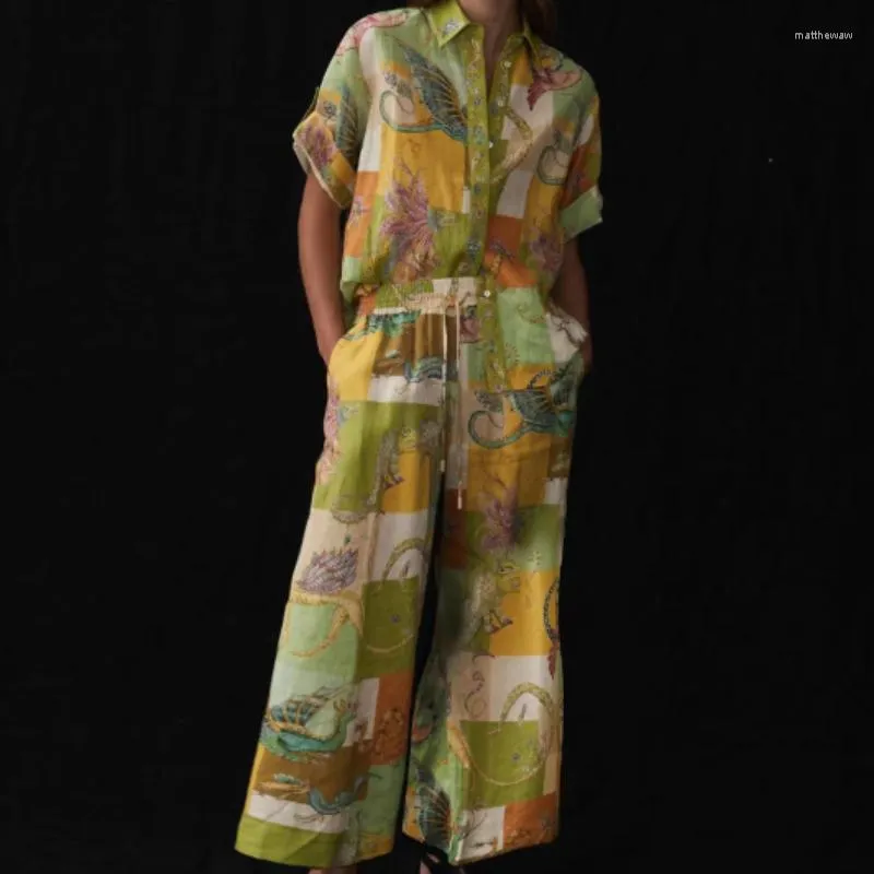 Women's Two Piece Pants 2023 Summer Women Fashion High Quality Linen Yellow-green Vintage Printed Single Button Short-sleeved Blouse Wide