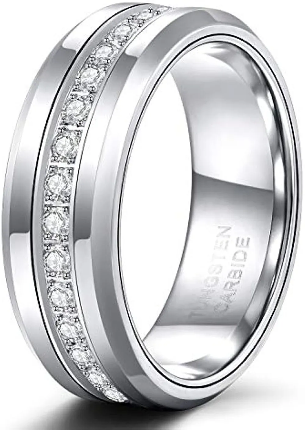 Bandes de mariage en tungstène pour hommes de 8 mm avec bague d'éternité en zircone cubique incrustée de zircone cubique en argent noir, anneaux en carbure de tungstène, taille polie élevée 7-13