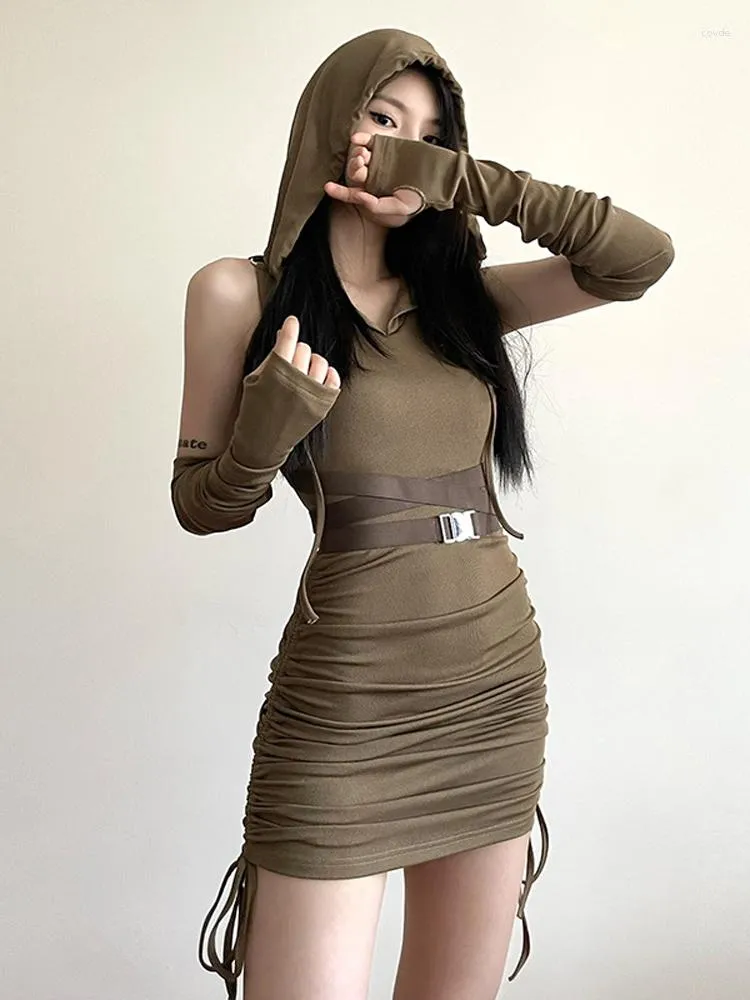 Robes décontractées 2023 Dark Cyber Y2K Punk Cordon Mini Vintage Gothique À Capuche Bodycon Cargo Robe Femmes Streetwear Gant Manches Tenues