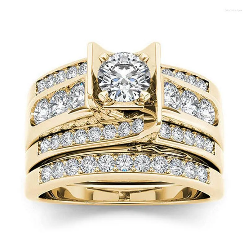 Clusterringe Wukalo süße weibliche Frau Big Zirkon Ring Set Kristall Gold Farbe Braut Hochzeit Schmuck Versprechen Verlobung für Frau