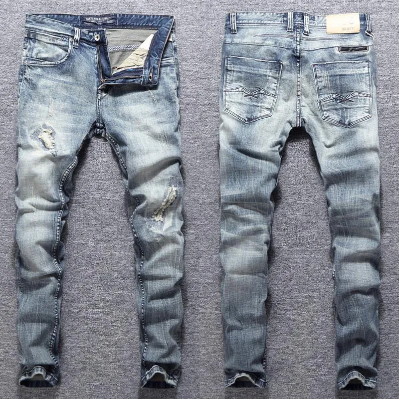 Мужские джинсы модельер -дизайнер мужской ретро серо -синий синий уединенная растяжка