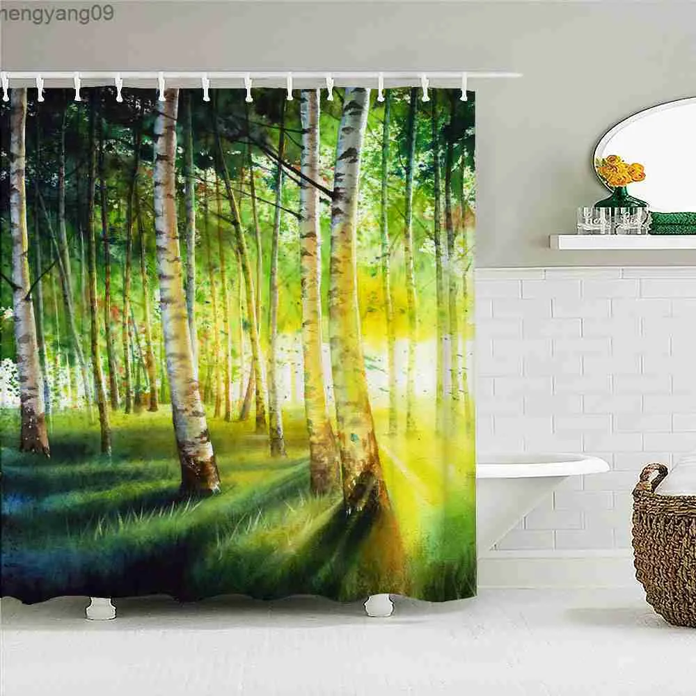 Rideaux de douche Rideau de douche imprimé d'arbres de forêt de bouleaux de haute qualité, tissu imperméable, rideaux de bain de paysage pour décor de salle de bain avec R230822