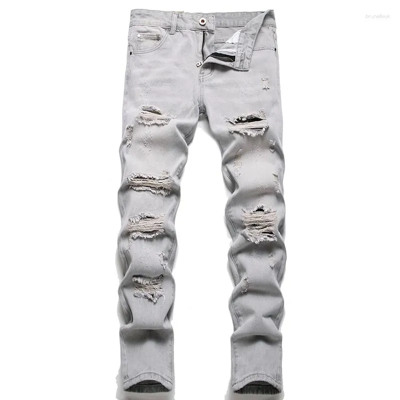 Heren jeans grijs elastisch groot formaat denim broek slank fit rechte vat dagelijks gebroken