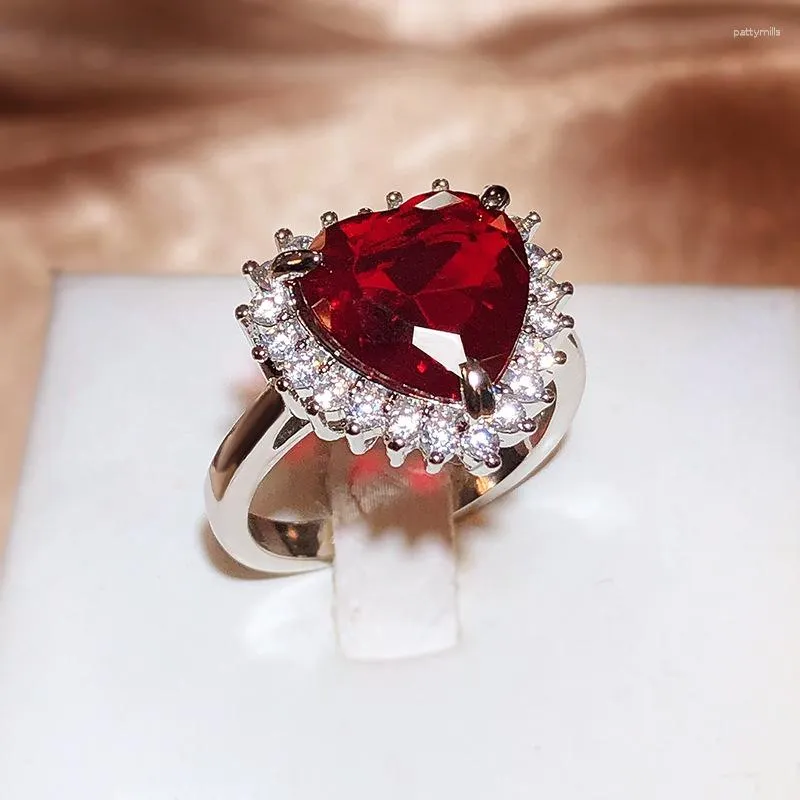 Cluster Rings Temperament Simulation Red Tourmaline Gem Heart Shaped Opening Ring Female 925 Stamp Fashion Jewelry Party Birthday Gift