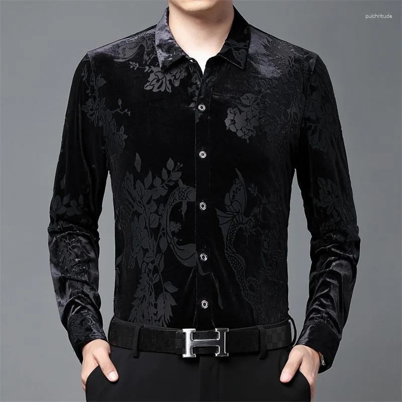 メンズカジュアルシャツ高級ブラックフラワーシャツメン高品質の透明なカミサ秋ケミーズオムフローラル服s-4xl