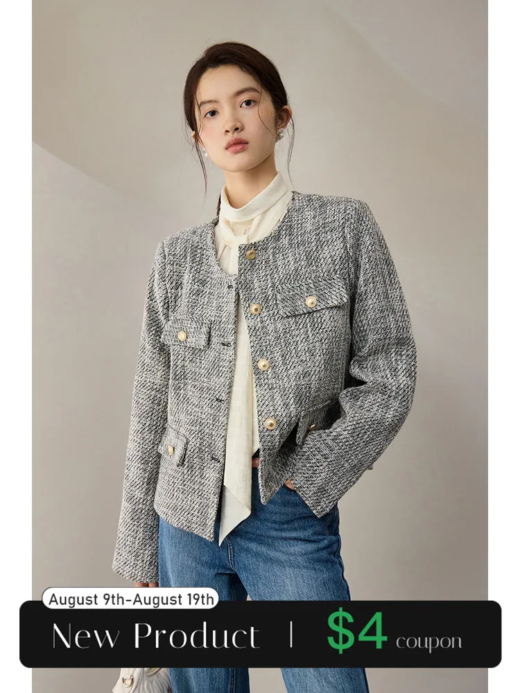 Womens Jackets ZIQIAO Female Autumn Tweed Jacket Light Floral Gray Round Neck Cropped Office Lady Temperament Straight Coats 230821