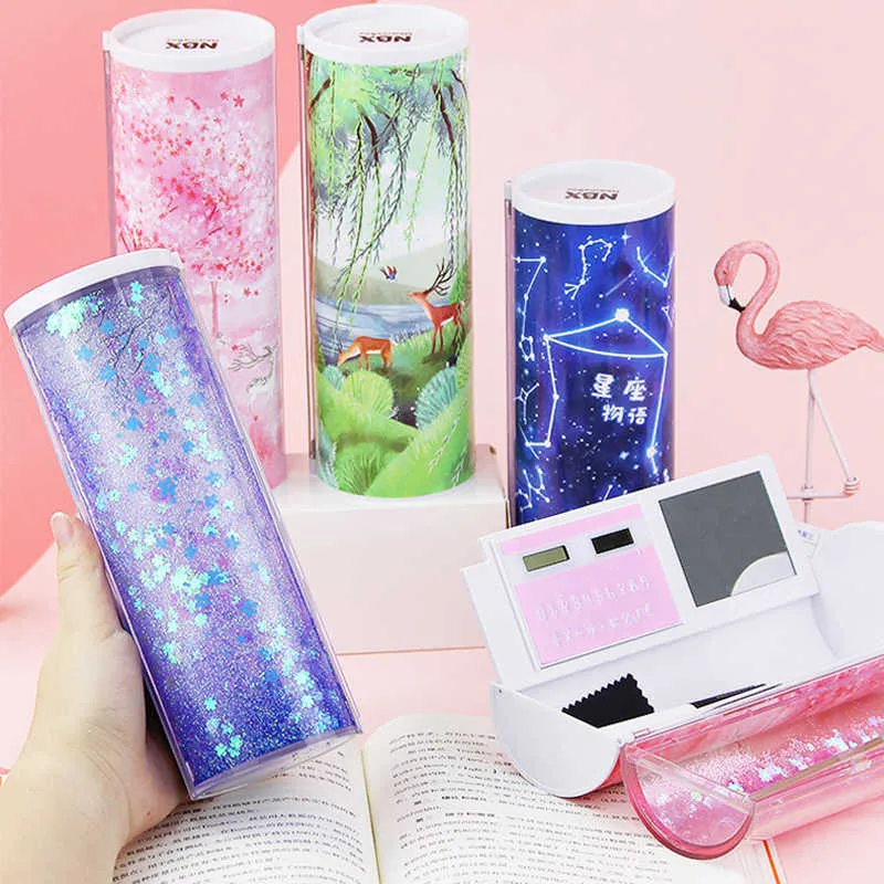 Learning Toys Pencil Case School Pen Holder Stationery Box with Calculator Stand Up Kawaii Cute Pink Beautiful Anime Sakura Clear Pencilcase