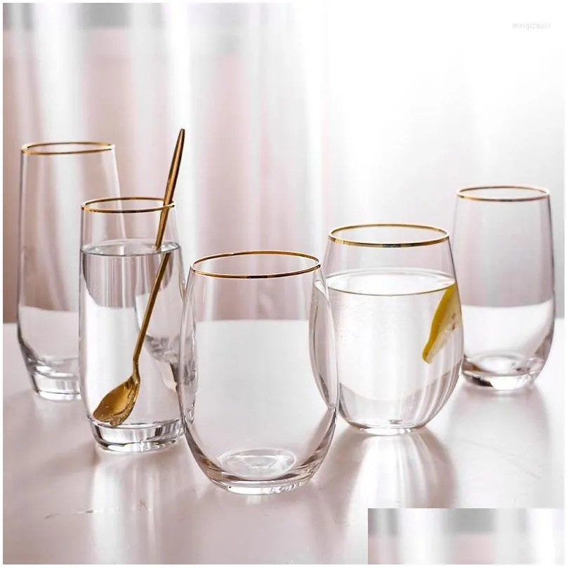 Vinglas med stor klar juice koppar transparent glas med guldfälgkristall bly-drickware tjockare botten vatten kopp droppe leverans h ot2ob
