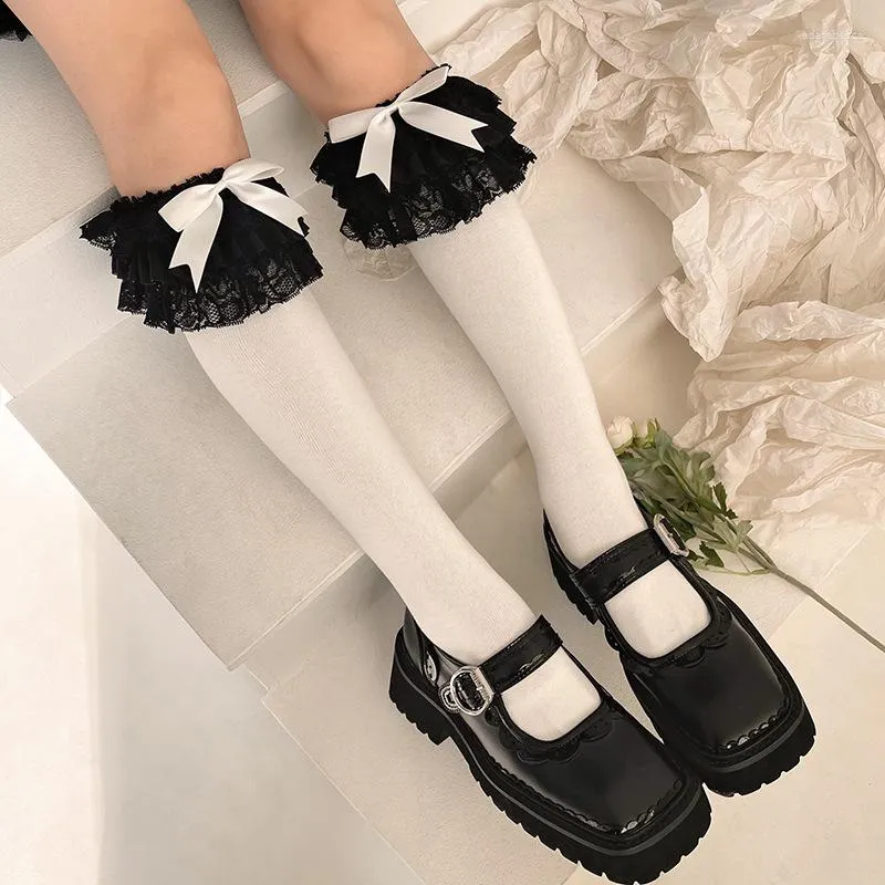 Femmes chaussettes multicouche dentelle longue Styles japonais bas filles douces dentelle volants nœud papillon genou JK Lolita mignon
