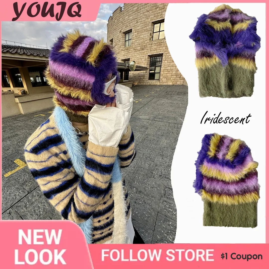 Beanie Skull Caps Y2K Wool Blend Plush Clashing Colors Sticked Beanies Balaclava Hats For Women Winter Retro Neck Protector 230822