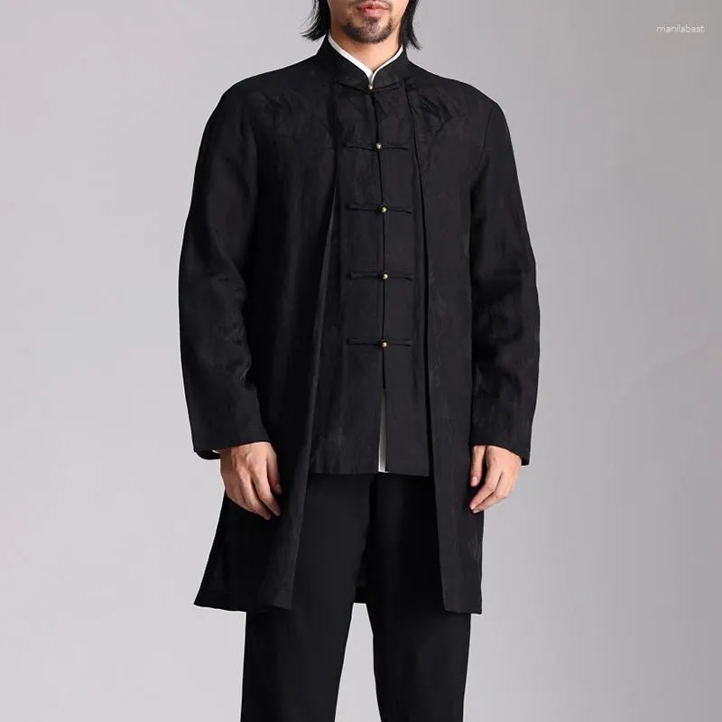 Trenchs pour hommes bleu Jiao manteau de Style chinois printemps et automne mi-long coton lin noeud bouton haut jeune moyen-âge