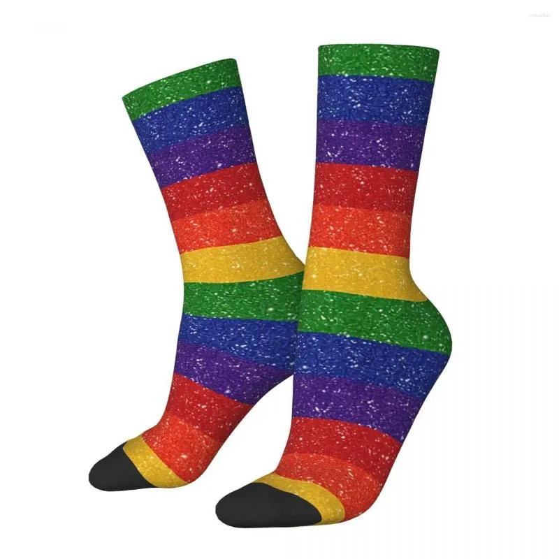 Meias masculinas meias loucas engraçadas para homens faux glitter arco -íris hip hop harajuku lgbtq Pride Padrão Feliz Principed Boys Crew Presente Presente