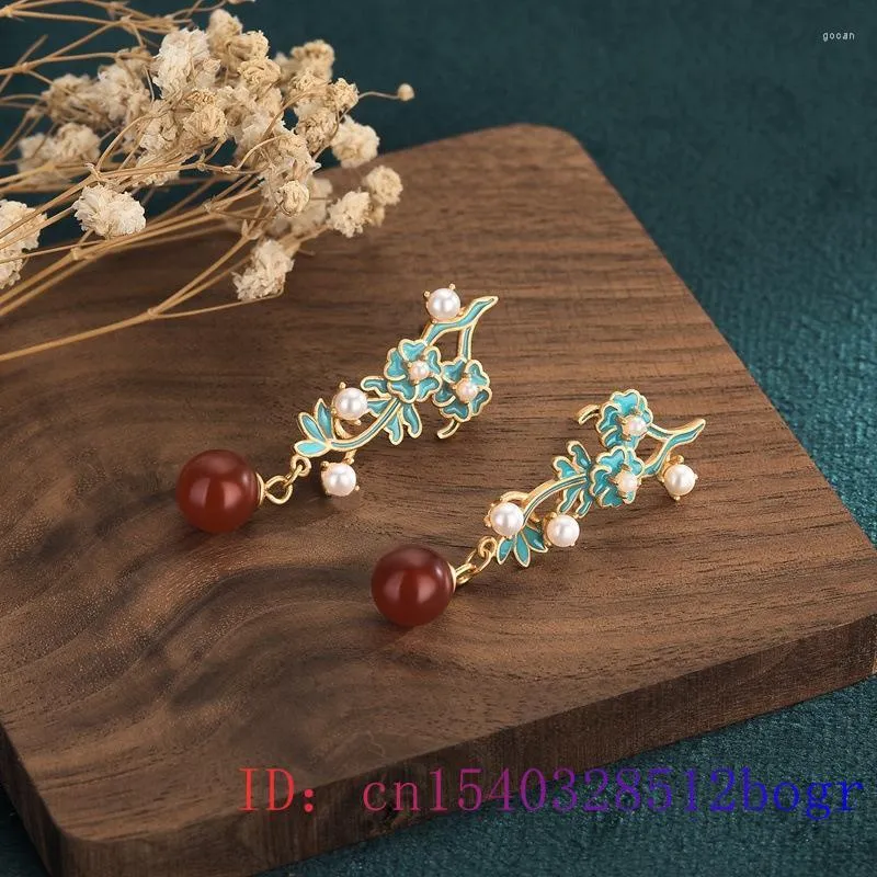 Kolczyki Dangle Red Jade Bead Studs 925 Srebrna kryształowa biżuteria cyrkon Natural Kobiet Prezenty Kamień Amulet Moda Chalcedony