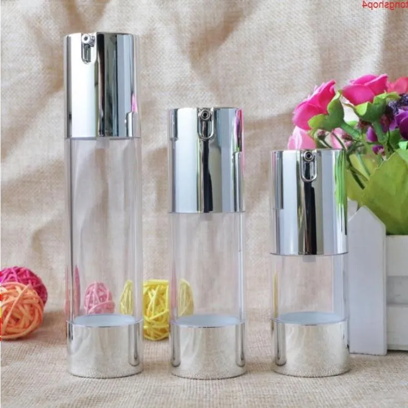Make Up Airless Pump Bottle 15ml 30ml 50ml Silver Cosmetic Liquid Cream Container Lotion Essence Bottles for Travel 100pcs SN142goods Nmmpu