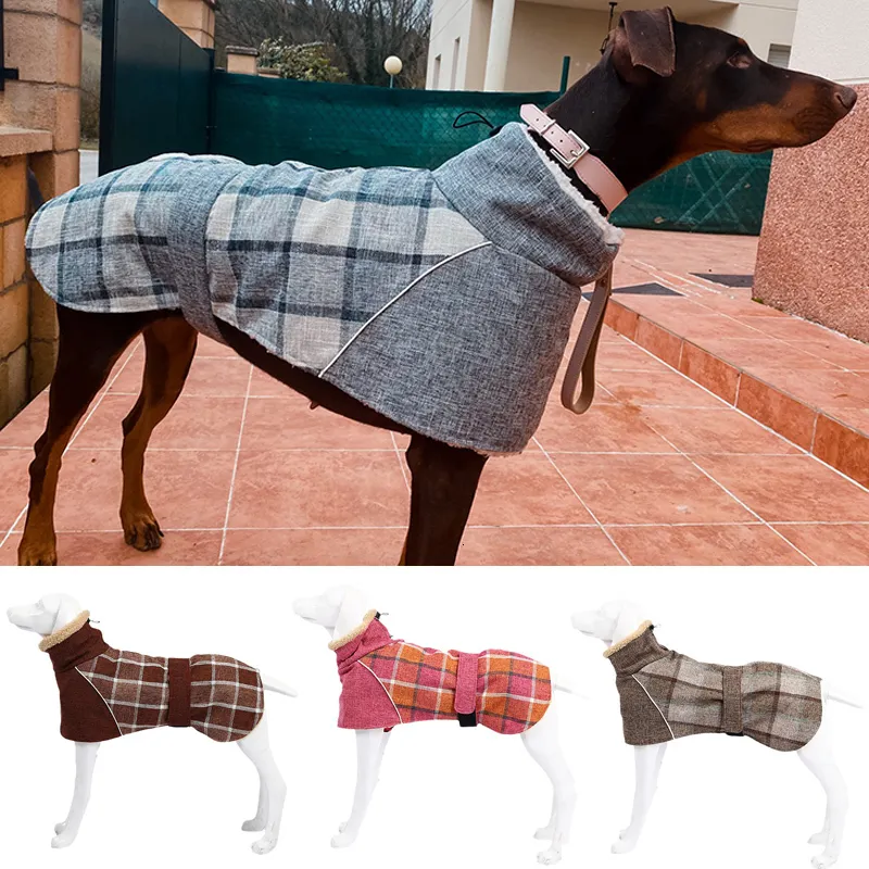 Hondenkleding Warm Fleece Winter Grote hondenkleding Fashion Plaid Print Pet Jacket met riem voor middelgrote grote honden Greyhound Weimaraner Clothing 230821