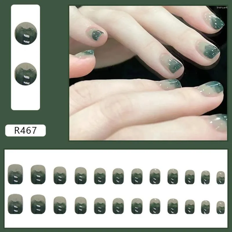 False Nails 고품질 24pcs 광택 그라디언트 녹색 손톱 신선한 숲 여성을위한 신선한 숲 쉬운 눈물 폴치 패치