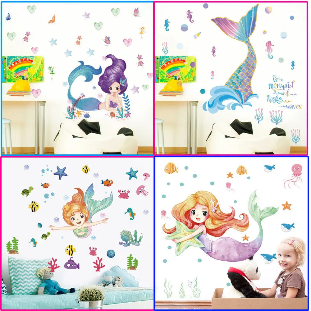 3D cartoon sparkling stars mermaid princess baby wall stickers girl room decals posters children