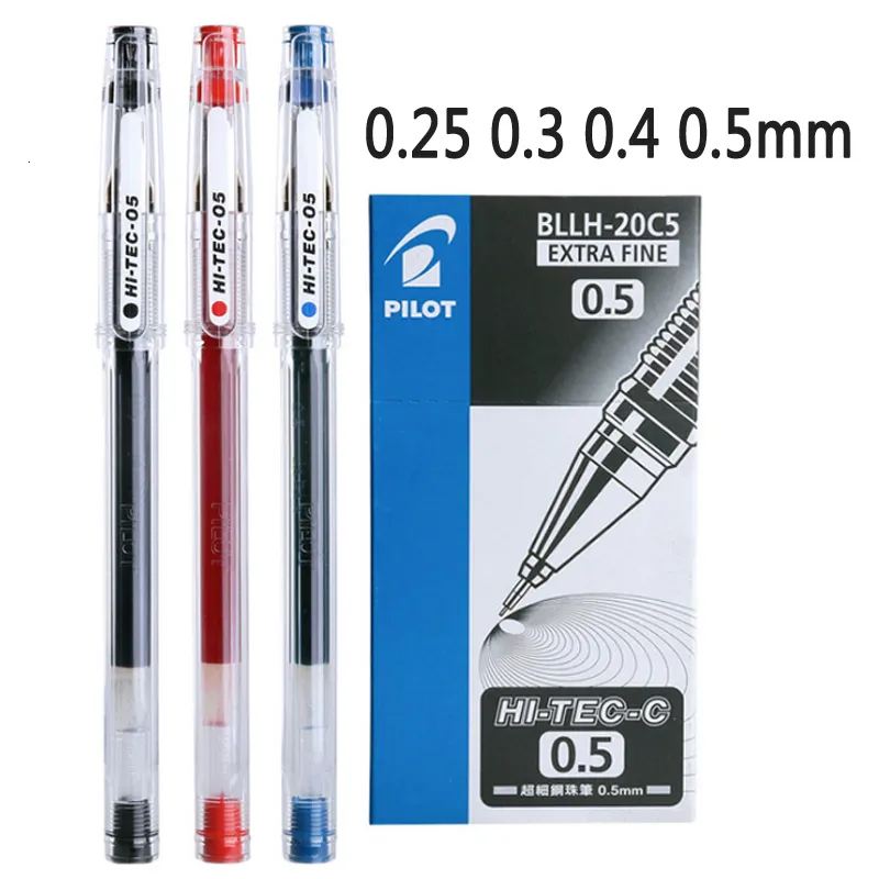 Ballpoint Pens 12PCSbox Piloot Hi-Tec gelpen Set 0,25 0,3 0,4 0,5 mm Fijn punt Ballpoint Naald Neutrale gel inkt Zwart Blauw Rode BLLH-20C4 230821