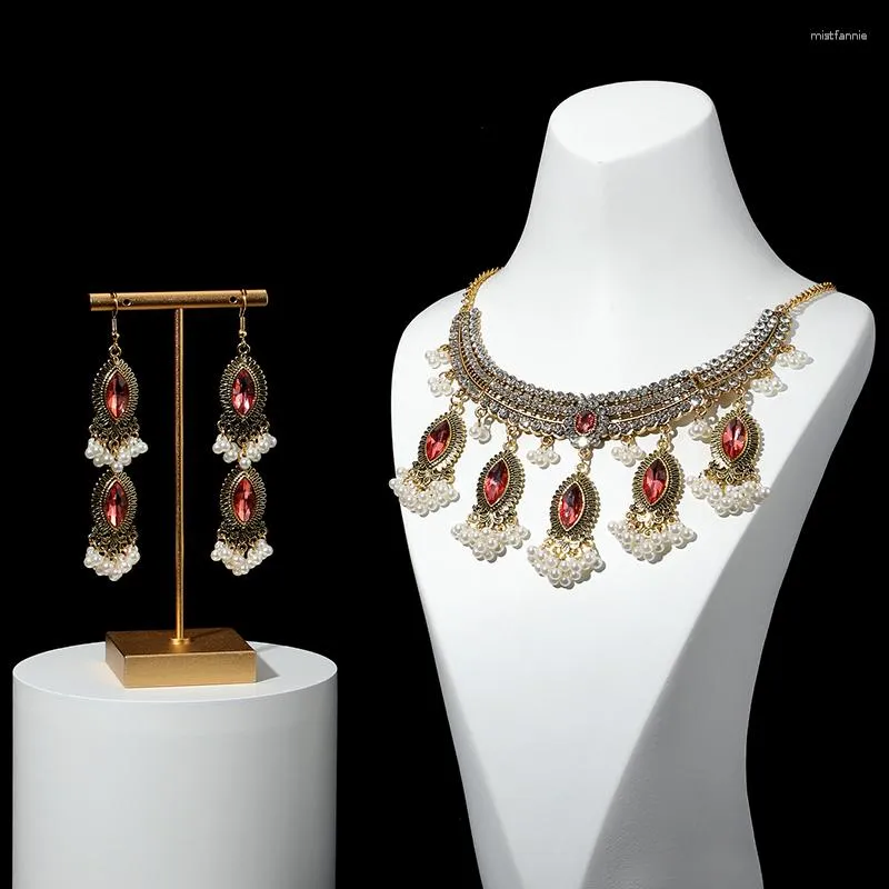 Halsband örhängen set antik guldfärg rosa kristall och för kvinnor tillbehör vintage strass pärlparti gåva