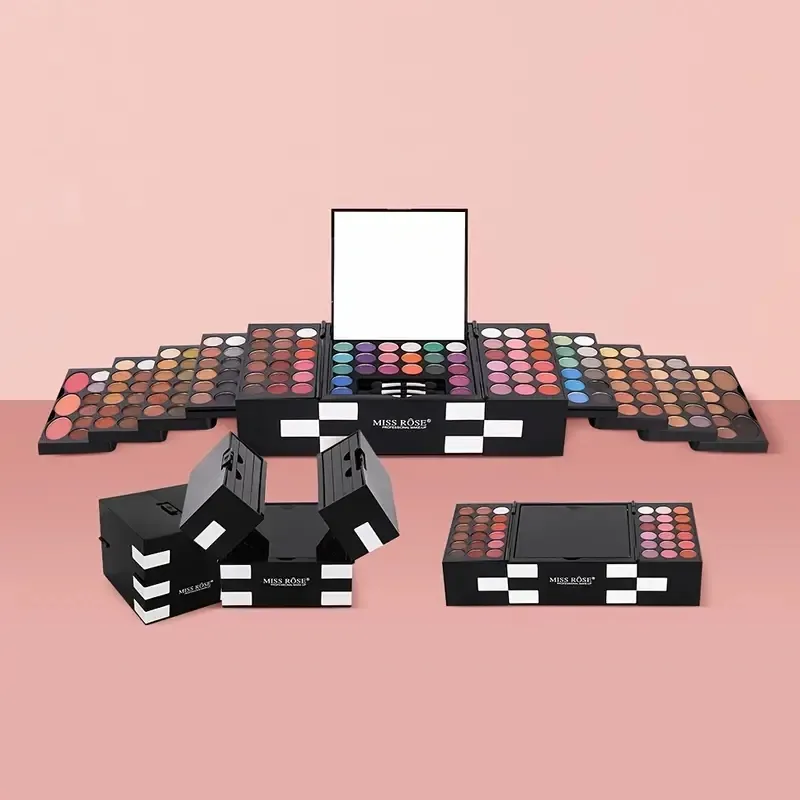 Kit de maquillage Magic Cube 148 couleurs – Comprend une palette de fards à paupières nacrés de 82 couleurs, un fard à paupières mat de 60 couleurs, un fard à joues 3 couleurs, une poudre à sourcils 3 couleurs et 3 bâtons éponge avec miroir.