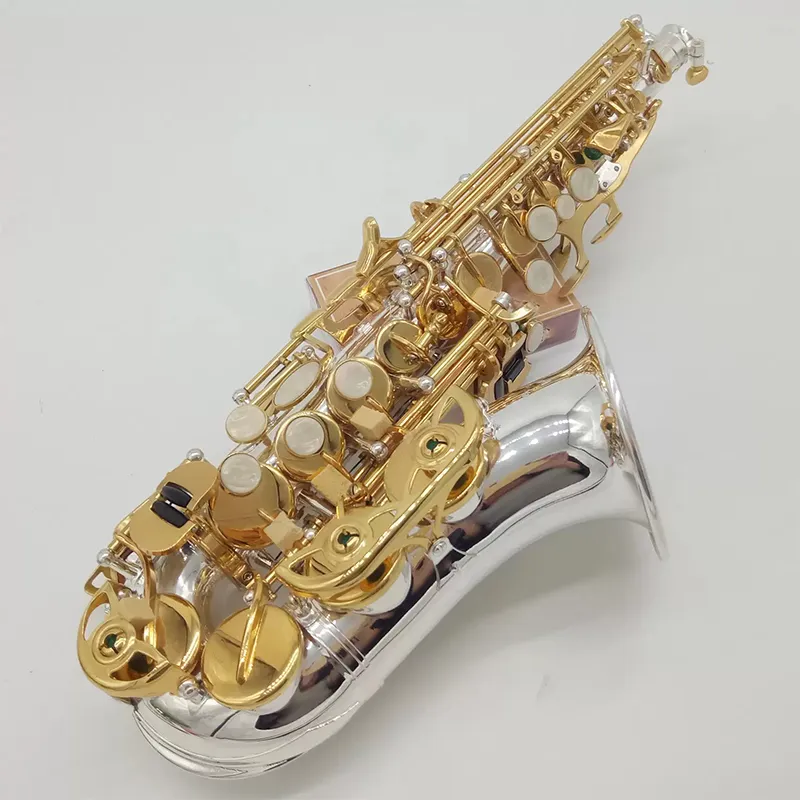 High-End 9937 B-B-Bend Curved Soprano Saxophone White Copper Gold Key Exquisite Djup Mönster Professionell Saxo Soprano