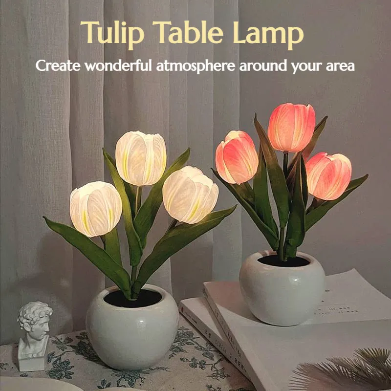 Objetos decorativos Figuras LED Tulip Night Light Simulation Flower Table Lamp Home Decoration Atmosfera Presente romântico em vaso para Officeoombarcafe 230821