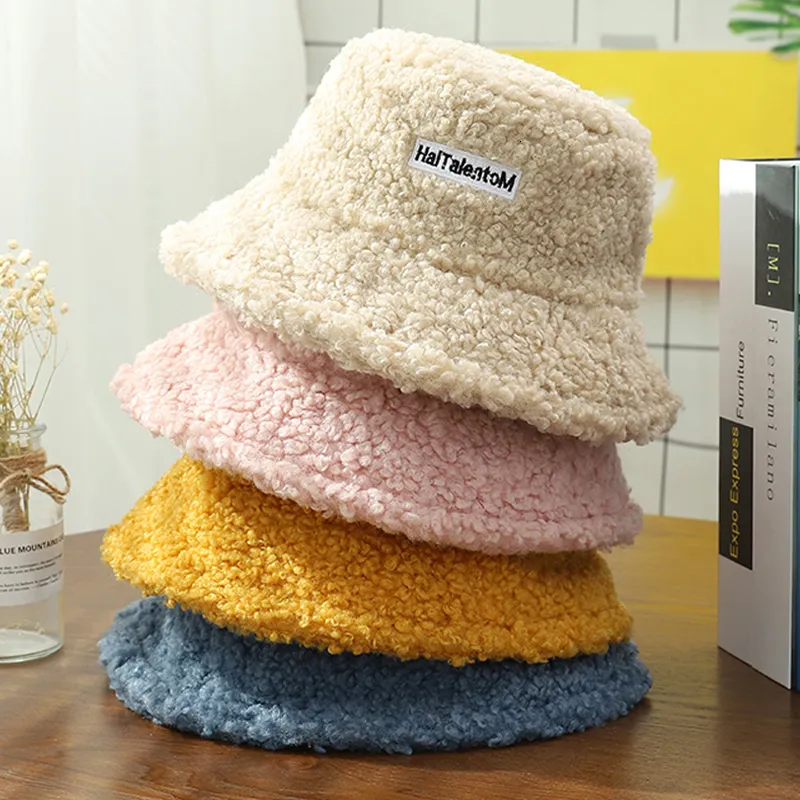 Wide Brim Hats Bucket Unisex Lamb Wool Faux Fur Hat Winter Warm Teddy Velvet for Women Lady Thicken Bob Panama Outdoor Fisherman Caps 230822