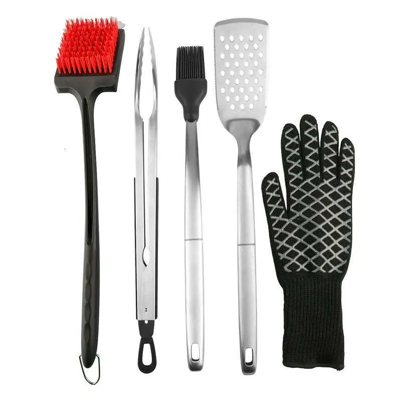Accessoires pour outils de barbecue Cook Grill 5 pièces avec pinces, spatule, brosse à badigeonner et gants chauffants EN407 932F Générateur de fumée Funda barbac 230821