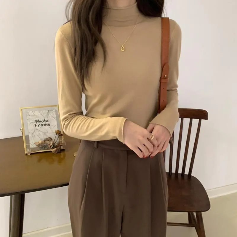 Kvinnors tröjor Pullover Bottom Shirt Solid Color Autumn and Winter Tops All-Match Korean Fashion Sweater Women