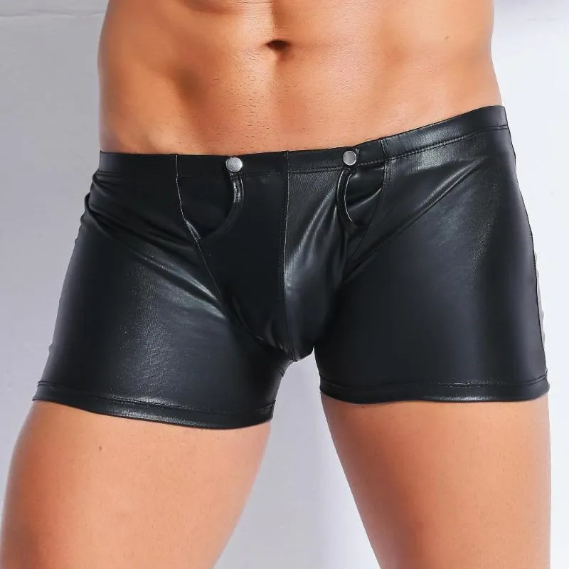 Cuecas de tamanho grande moda masculina preta sexy traseira zíper aberto cutil de couro pu de calça curta cuecas roupas de boxer