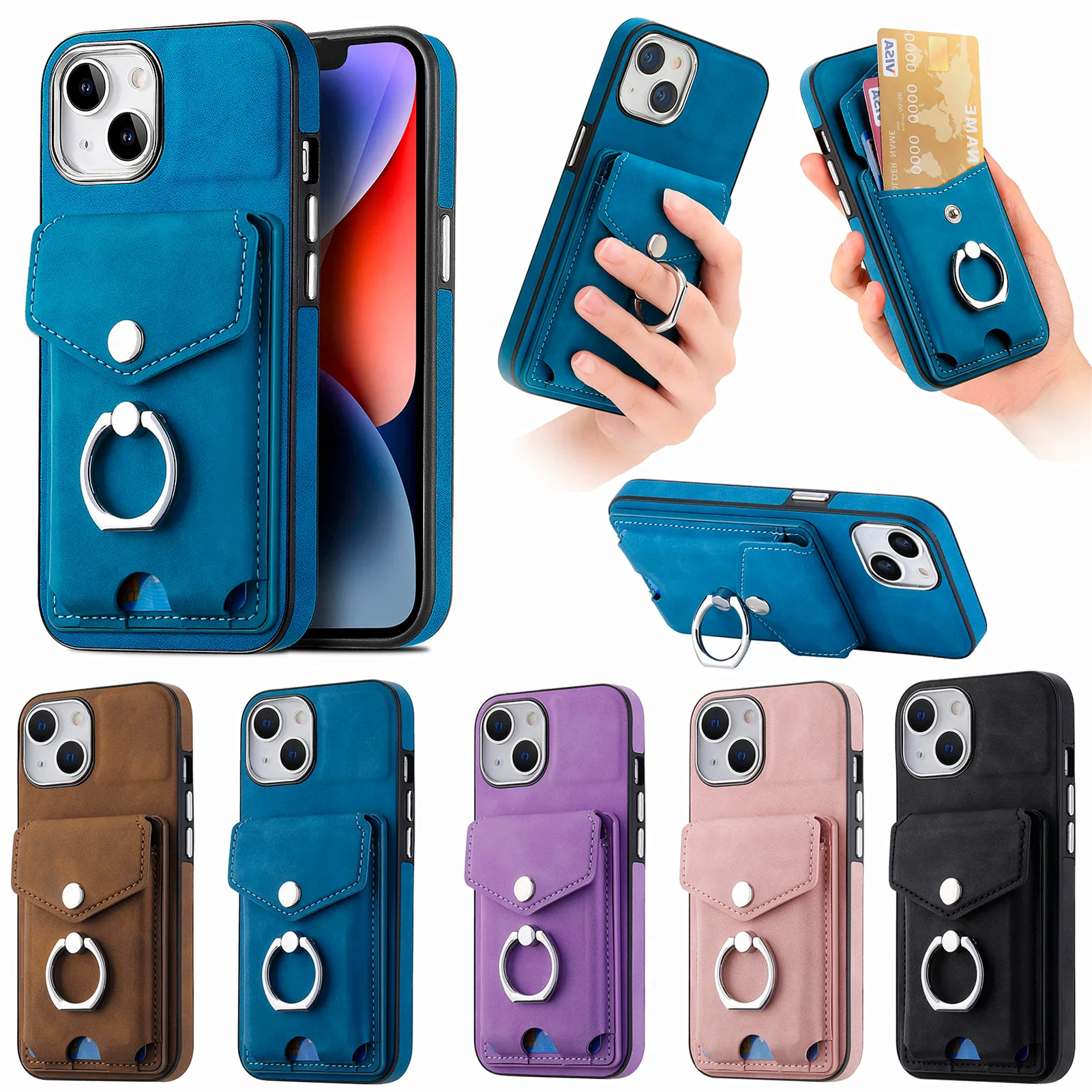 Kreditkort Pocket Pack Läderplånbok Fall för iPhone 15 Plus 14 Pro Max 13 12 11 X XS XR 8 7 6 Metal Finger Ring Holder Card Slot Soft TPU Mobiltelefon Back Cover Hud