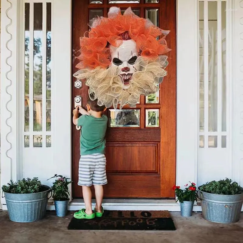 Couronne de Clown de fleurs décoratives pour Halloween, masque de fête effrayante, guirlande murale suspendue pour porte d'entrée, accessoires de décoration de maison hantée