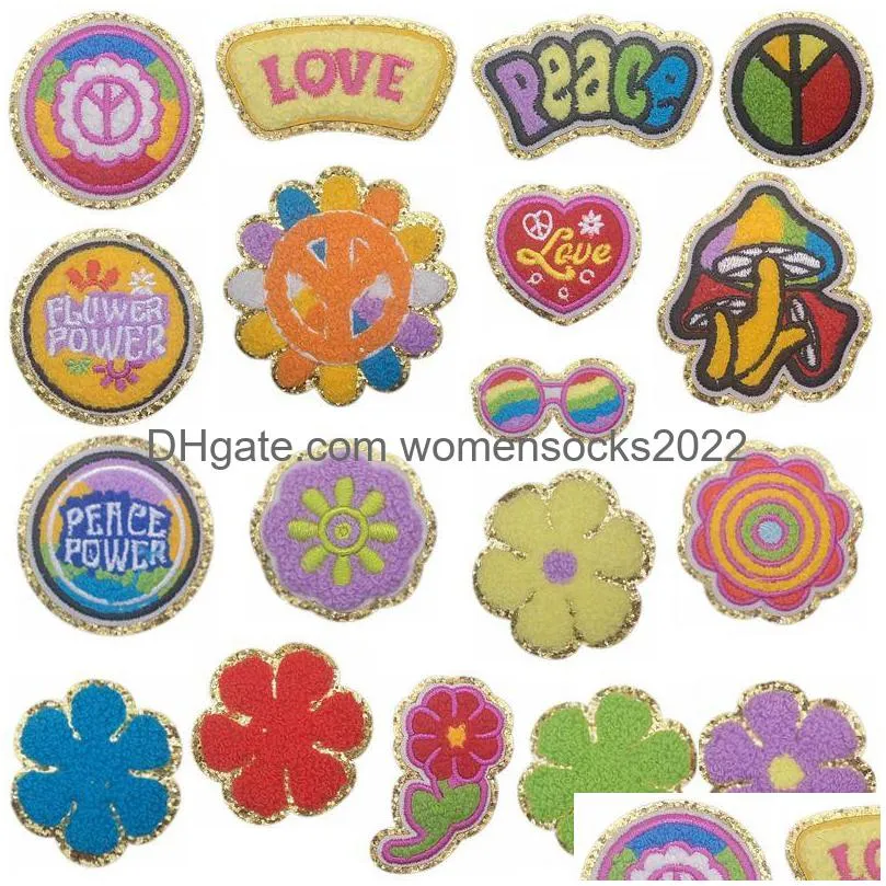 Sewing Notions Tools Chenille Iron Ones Vintage Hippie With Glitter Small Peace Love Embroidered Badge Appliques For Clothes Drop Dh2Ht