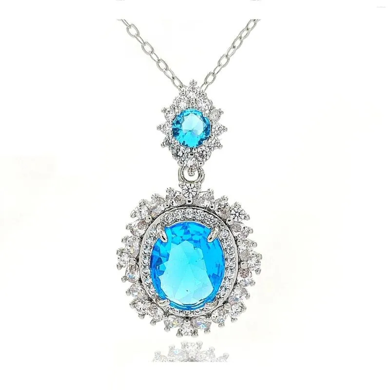 Pendant Necklaces Fancy Style Double Lake Blue Zircon Oval Cut Necklace For Women Vintage Fashion Accessory