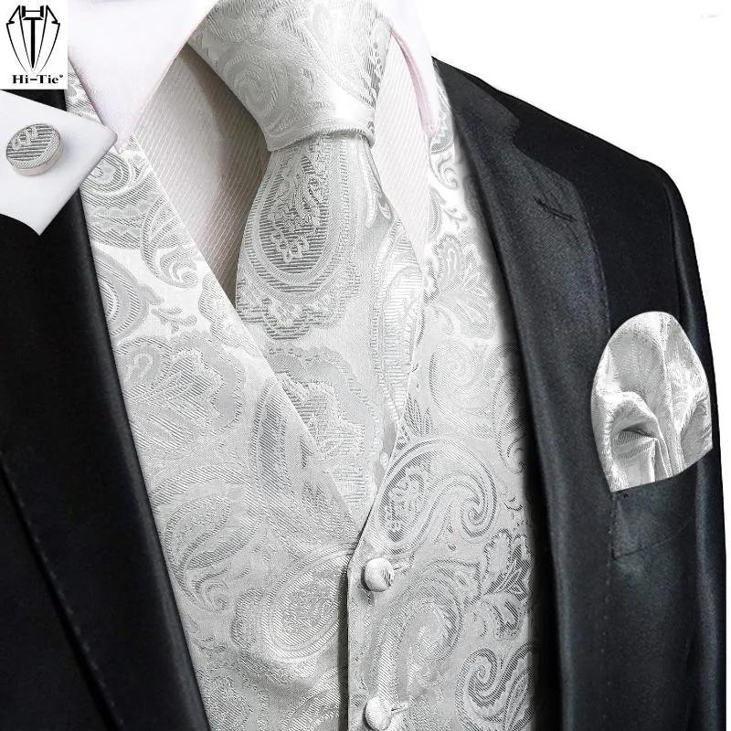 Men's Vests Hi-Tie White Silver Paisley Silk Mens Vest Tie Set Jacquard Waistcoat Sleeveless Jacket Necktie Hanky Cufflinks Wedding Business