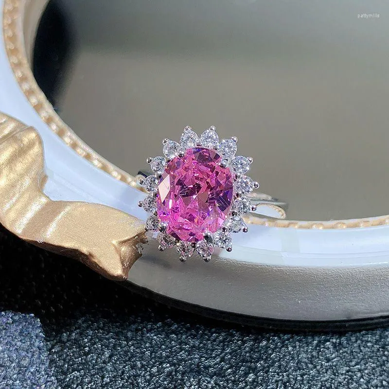 Cluster Rings In Silver Luxury Gemstone Pink Flower Engagement Ring For Women Fashion Wedding Exquisite Fine Jewelry Adjustable Opening