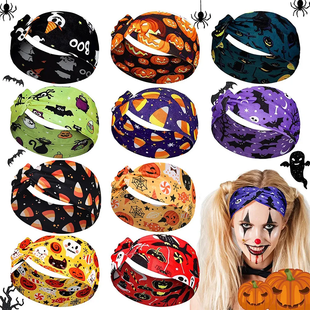 Clipes de cabelo barrettes halloween impressão de faixas largas de cabeça de cabeça vintage elástica Headwrap para Women Girls Bandana Cosplay Acessórios 230822