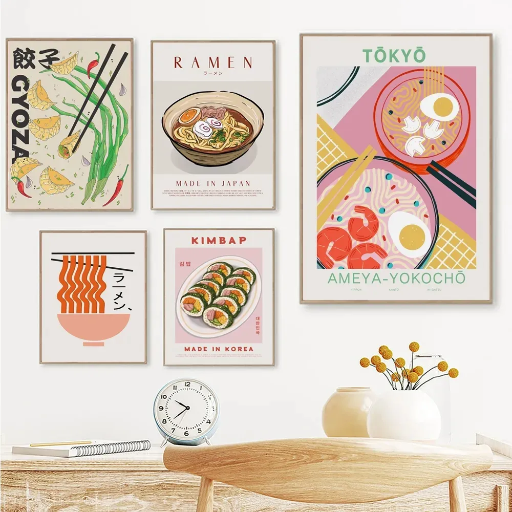 Duk målar japansk mat sushi dumpling väggkonsttryck roliga ramen nudlar affisch canvas bilder för vardagsrum hem rosa kök dekor ingen ram wo6