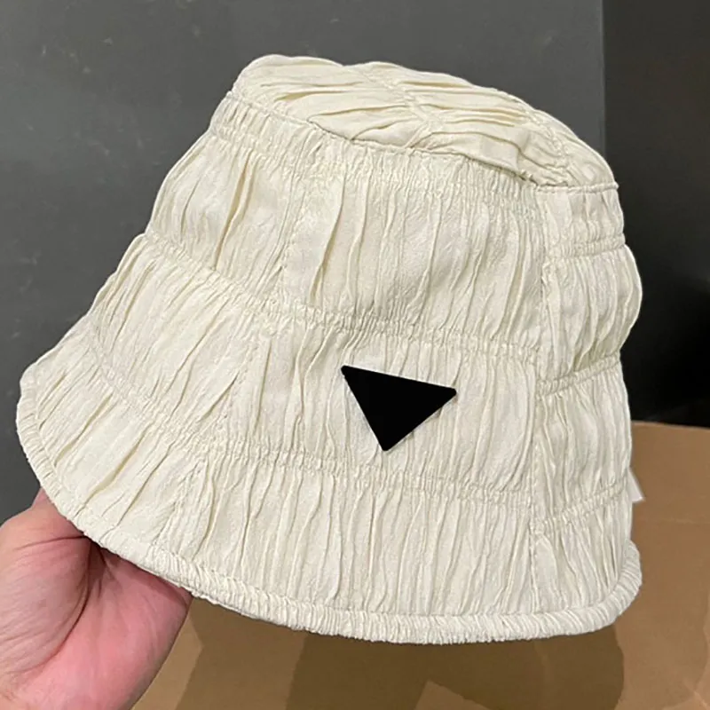 Women Fisherman Hat Solid Crepe Brand Triangle Label Pleated Elegant Flat Top Large Brim Bucket Hat Outdoor Party Classy Accessories