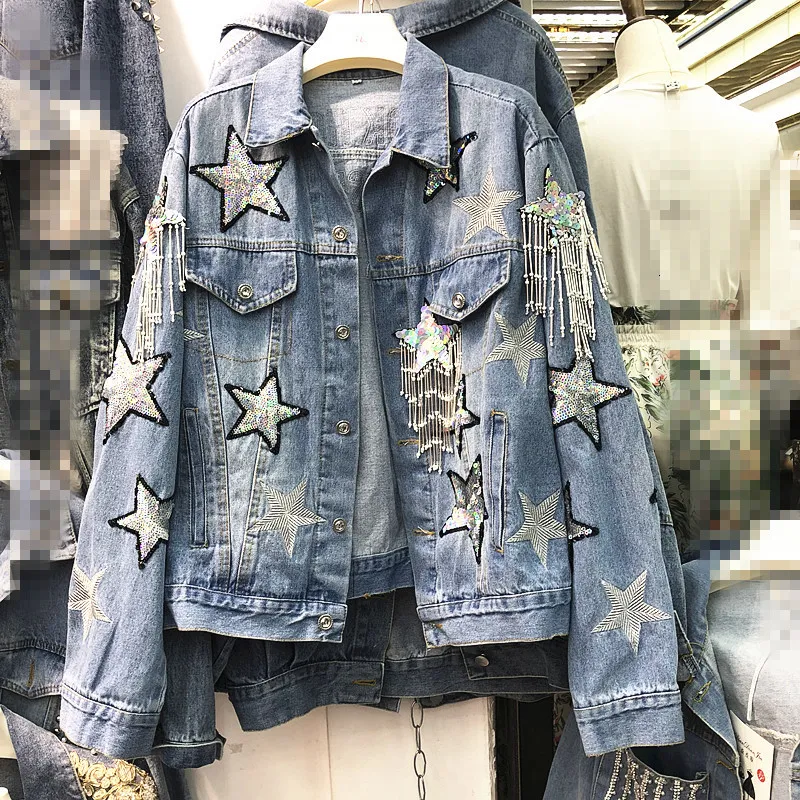 Embroidered Jackets: Womens Denim Jacket With Sequin Star