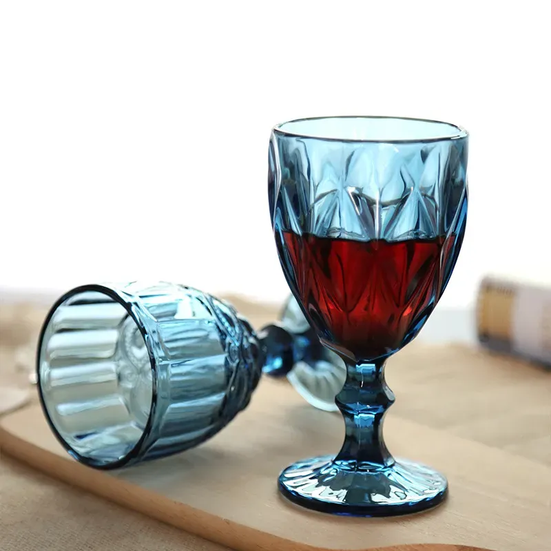 European Style Embossed Wine Glass Stained Glass Beer Goblet Vintage Wine Glasses Household Juice Drinking Cup Thickened AU22