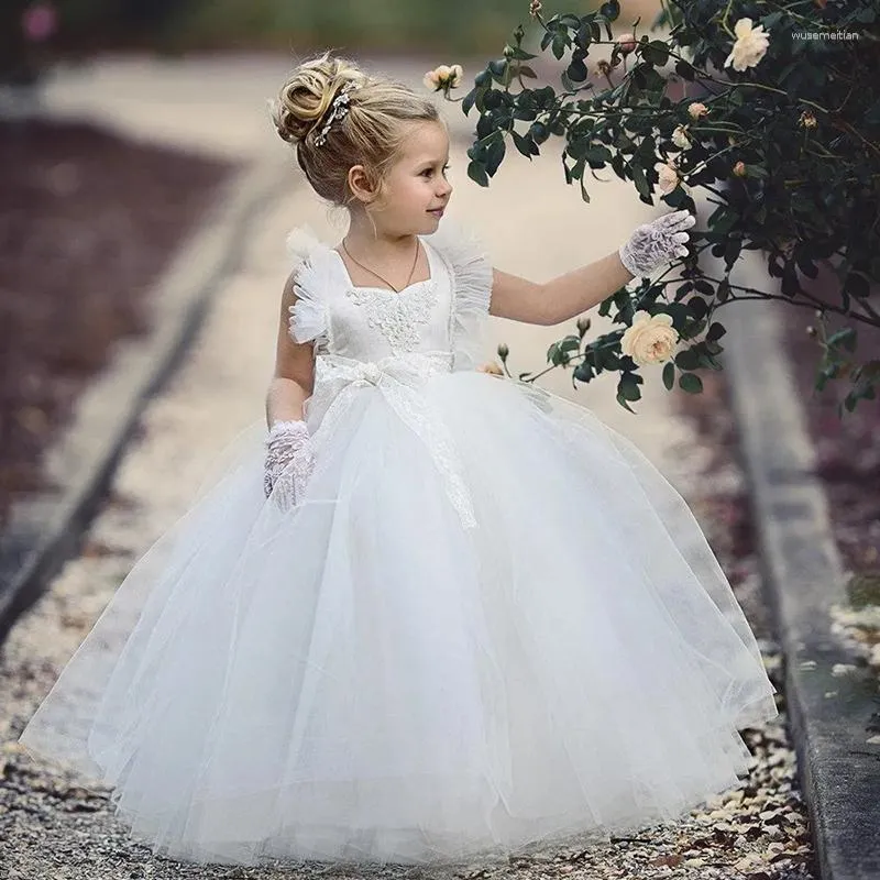 Robes de fille belle blanche col carré robe de bal fleur pour mariage enfant en bas âge première Communion dentelle appliquée enfants anniversaire