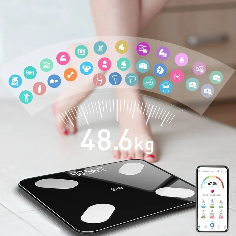 Körpergewichtskalen LED Digitales Badezimmer Wireless Maßstab Bluetooth App Android iOS FAT Smart BMI 230821