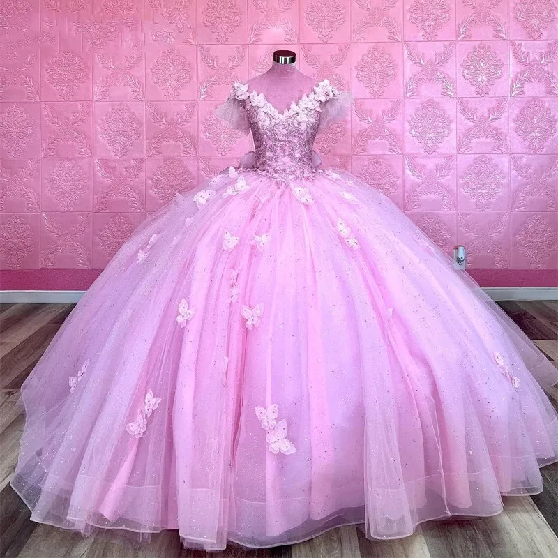 Vestido de vestido rosa Quinceanera com arco do ombro Flores de borboleta Apliques de espartilho de miçangas